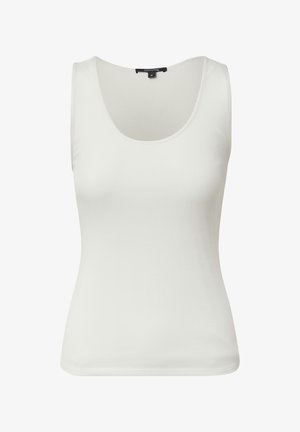 Witte geribbelde tanktop met een ronde halslijn en brede schouderbanden. Gladde textuur met een aansluitende pasvorm. Geen zichtbare hardware of accenten.