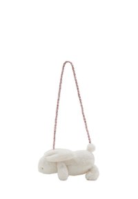Plišasta bela torba v obliki zajca z pletenim večbarvnim trakom, okroglo telo, viseče ušesa in majhen rep. Mehka tekstura in preprost dizajn.
