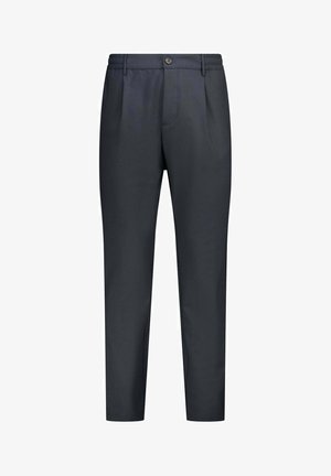 Pantalon ajusté gris foncé pour homme avec bouton et fermeture éclair devant, poches latérales et ceinture élastique à l'arrière.