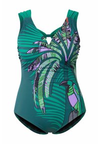 Maillot de bain une pièce vert avec imprimés de feuilles de palmiers tropicaux et de toucans, bretelles texturées, et un design en v avec une découpe en forme de trou de serrure.