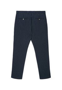 Pantaloni a righe blu navy con vestibilità su misura, due tasche frontali con bottoni decorativi e tessuto dalla texture liscia.
