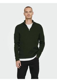 Dark green knitted sweater with a zippered collar, worn over a white shirt, paired with black pants. Minimalist design and fitted shape.