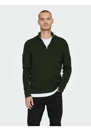 Dark green knitted sweater with a zippered collar, worn over a white shirt, paired with black pants. Minimalist design and fitted shape.