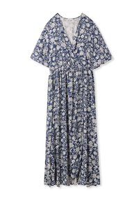 Abito a stampa floreale con fondo blu navy e motivi bianchi, scollo a V, maniche corte e vita arricciata.