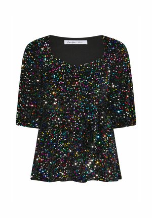 Haut noir avec un décolleté arrondi, orné de sequins colorés partout, avec des manches amples et un lien à la taille pour un ajustement flatteur.