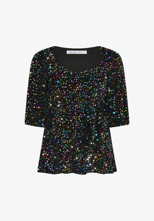 Top negro con escote en forma de barco, adornado con lentejuelas coloridas, mangas sueltas y un lazo en la cintura para un ajuste favorecedor.