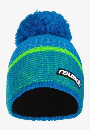 Blue knitted beanie with a fluffy pom-pom, featuring a green stripe pattern and a black interior. Displays a white "reusch" logo.
