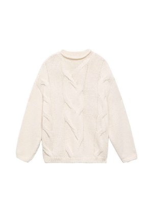 Maglione bianco lavorato a maglia con un motivo a trecce testurizzato, scollatura rotonda e maniche lunghe. Presenta polsini e orlo a costine.