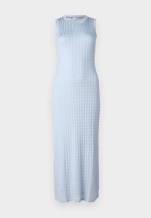 Light blue knitted sleeveless dress with a textured rib pattern, fitted design, and a crew neckline, reaching mid-calf length.