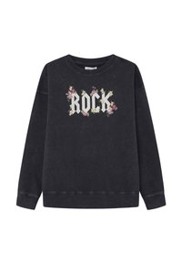 Černá mikina s nápisem "ROCK" v stylizovaném písmu obklopeném květinovými motivy. Vyrobena z bavlny s klasickým designem kulatého výstřihu.
