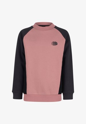 Felpa rosa e nera con collo rotondo; presenta maniche raglan, un piccolo logo sul petto e polsini e orlo a costine.