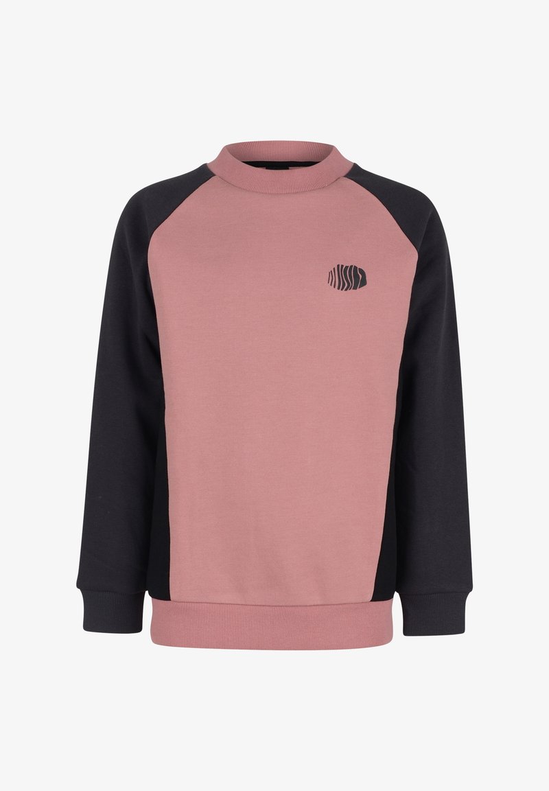 Sweatshirt rose et noire avec un col rond ; présente des manches raglan, un petit logo sur la poitrine, ainsi que des poignets et un ourlet côtelés.
