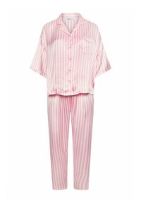 Conjunto de pijama a rayas rosas y blancas hecho de tejido ligero. Camisa de botón de manga corta con un bolsillo en el pecho y pantalones largos de pierna recta.
