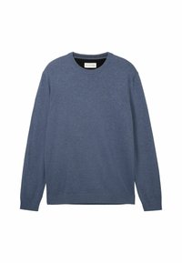 Pull bleu à col rond en tissu tricoté doux. Manches longues, col et poignets côtelés. Marquage minimal au centre devant.