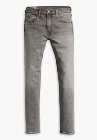 Jean en denim gris coupe slim avec cinq poches, fermeture à boutons et passants de ceinture, posé à plat sur un fond blanc.