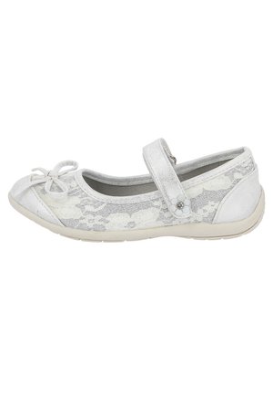 White ballet flats with a lace overlay, metallic strap, bow detail at the toe, and a textured sole for grip. Floral accent on the strap.