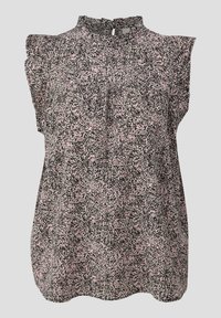 Pullover top van zachte stof met een hoge hals, korte ruches mouwen en een zwart-roze abstract patroon overal. Sleutelgat sluiting aan de achterkant.