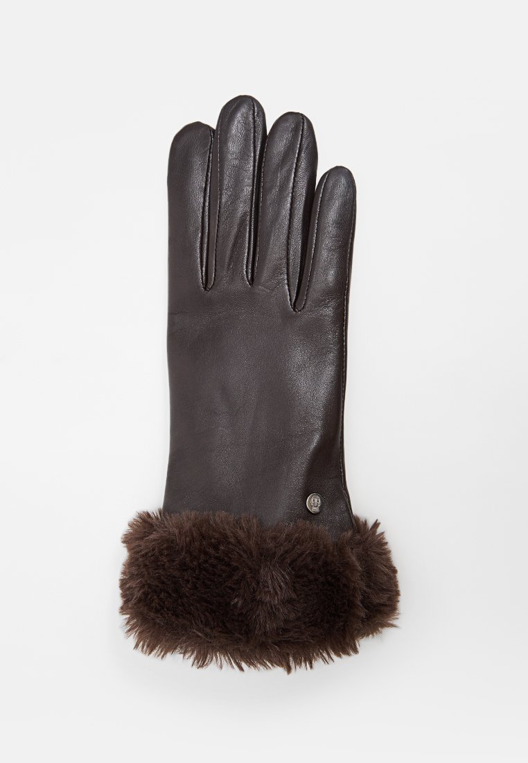 Brauner Lederhandschuh mit fünf Fingern, ausgestattet mit einem plüschigen Fellbund. Der Bund hat eine reiche Textur und ein kleines geprägtes Metallakzent an der Seite.