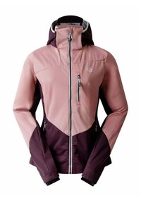 Rosa und dunkelviolette wasserdichte Jacke mit hohem Kragen, Reißverschluss und mehreren Taschen. Glatte Textur, kantige Designelemente.