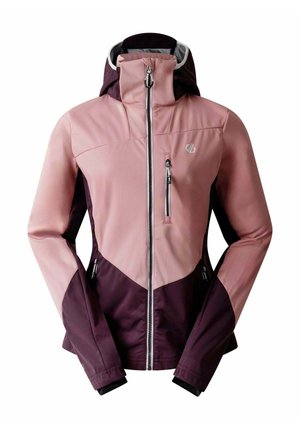 Rosa und dunkelviolette wasserdichte Jacke mit hohem Kragen, Reißverschluss und mehreren Taschen. Glatte Textur, kantige Designelemente.