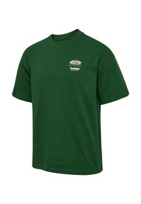 Green cotton t-shirt with a crew neck, short sleeves, and a white printed logo on the left chest. Smooth texture, regular fit.