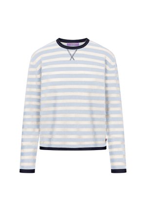 Long-sleeve crewneck shirt with horizontal light blue and white stripes, dark navy trim on collar, cuffs, and hem, and stitched detail at neckline.