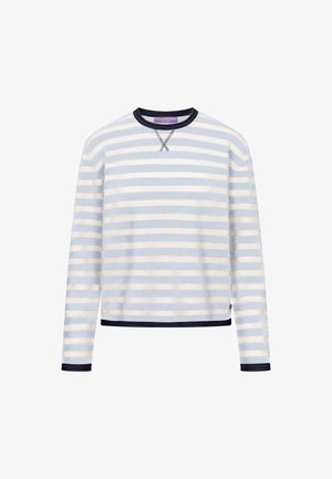 Langarmshirt met ronde hals, horizontale lichtblauwe en witte strepen, donkerblauwe afwerking bij de halslijn, manchetten en zoom, en een gestikte detail bij de halslijn.