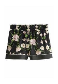 Zwarte bloemen shorts met een elastische tailleband. Kenmerkt zich door grote roze en witte tulpenpatronen, afgewerkt met een delicate witte kanten rand.