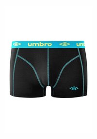 Shorts de boxe noirs avec une ceinture élastique turquoise portant la marque "Umbro" en jaune. Couture contrastante en turquoise et détails de logo remarquables.