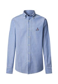 Camisa de rayas azul y blanca, con diseño de botones, mangas largas, material de algodón, que presenta un pequeño logo bordado en el bolsillo del pecho.