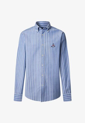 Niebieska i biała koszula w paski, zapinana na guziki, z długimi rękawami, wykonana z bawełny, z małym haftowanym logo na kieszeni na piersi.