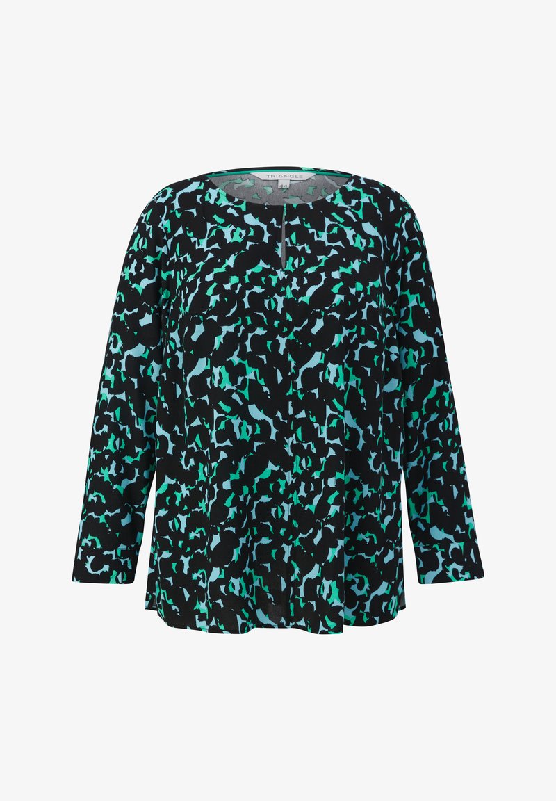 Langärmliges Top aus schwarzem Stoff mit grünem und hellblauem abstraktem Muster. Rundhalsausschnitt mit einem kleinen Schlitz an der Vorderseite. Weiche Textur.