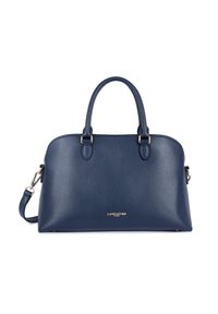 Borsa a mano in pelle blu navy con forma strutturata, doppi manici superiori, tracolla staccabile e dettagli in oro.