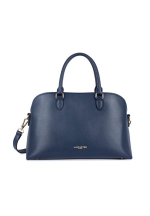Sac à main en cuir bleu marine avec une forme structurée, deux poignées supérieures, une sangle d'épaule amovible et des détails en métal doré.