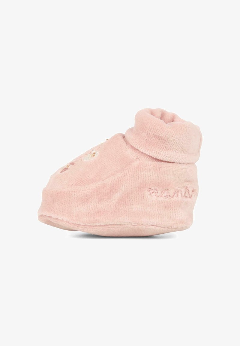 Zachte roze stofboot met een opgerold boord, voorzien van delicate borduursels. Rondvormig met een gestructureerd, pluche oppervlak.