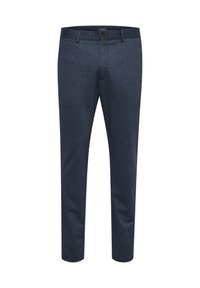 Pantalon ajusté pour hommes de couleur bleu marine, avec passants pour ceinture, fermeture à boutons et zip à l'avant, présenté à plat sur fond blanc.