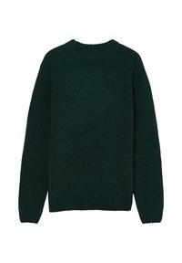 Dunkelgrüner, gestrickter Pullover mit Rundhalsausschnitt, gerippten Bündchen und Saum, der eine einfache, strukturierte Oberfläche aufweist und keine sichtbaren Verschlüsse hat.