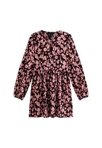 Vestido de manga larga negro y rosa con un estampado floral, cintura elástica y escote redondo. Textura suave y corte relajado.