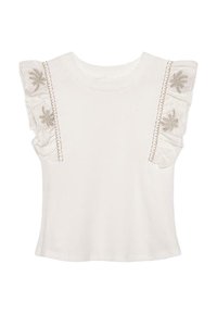 Camiseta blanca de algodón con mangas cortas con volantes, que presenta un delicado bordado marrón a lo largo de los hombros y las costuras laterales. Cuello redondo.
