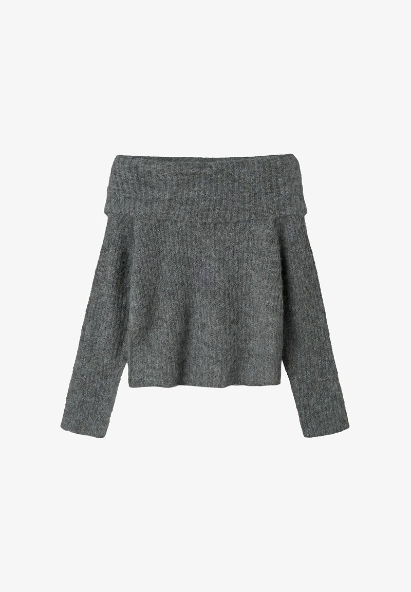 Grau gestrickter Pullover mit schulterfreier Form, langen Ärmeln und weitem Rippenhals.