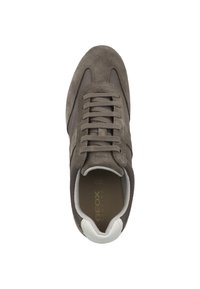 Sneaker in suede grigio scuro con accenti in mesh, lacci piatti e dettaglio bianco sul tallone. Presenta una soletta imbottita con il marchio "GEOX RESPIRA".