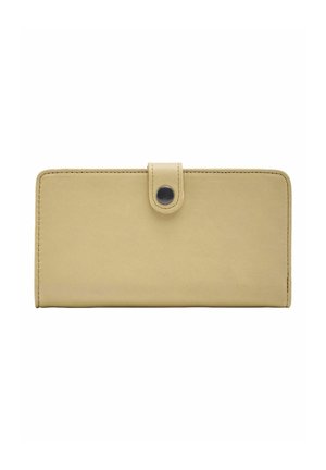 Portefeuille rectangulaire en cuir beige avec coins arrondis, bords surpiqués et une languette de fermeture à bouton-pression à l'avant.