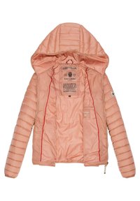 Gevoerde jas in zacht perzikkleurig stof met een capuchon, voorzien van een gouden rits en rode accenten, met een gladde binnenvoering.