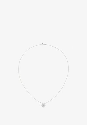 Silberne Halskette mit einer zarten Kette und einem Schneeflockenanhänger, der feine Details und kleine Akzentsteine aufweist.