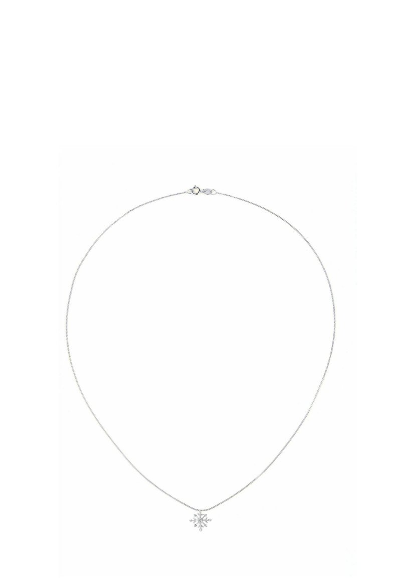 Silberne Halskette mit einer zarten Kette und einem Schneeflockenanhänger, der feine Details und kleine Akzentsteine aufweist.