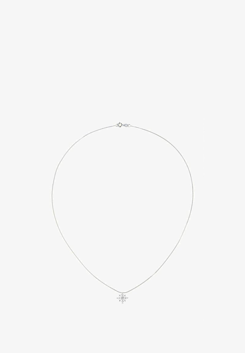 Hõbedane kaelakee õrna kettiga ja lumehelves pendandiga, millel on peened detailid ja väikesed aktsentkivid.