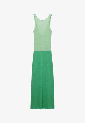 Knit dress in light green and dark green gradient, featuring a sleeveless design and long, flowing silhouette. Textured fabric throughout.