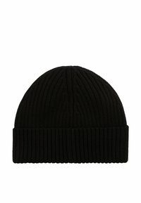 Beanie nera a coste con risvolto e texture verticale, realizzata in materiale morbido e elastico per comfort e vestibilità.