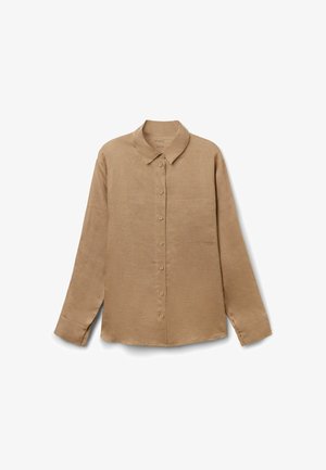 Light brown long-sleeve button-up shirt with a collar and chest pocket, displayed flat on a white background.
