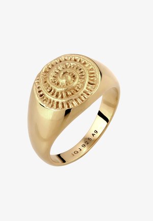 Guld signetring med tekstureret spiraldesign på toppen og indgraveret kode indeni båndet, poleret finish.